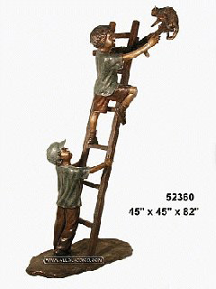Bronze Kids ( two Boys ) climbing a Ladder to rescue a Cat
